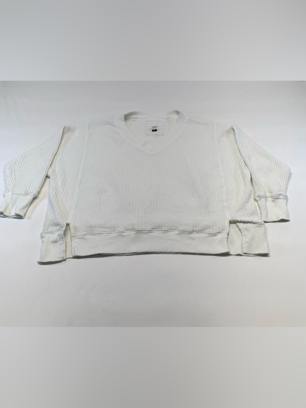 American Eagle AE Big Hug Oversized V-Neck Waffle Knit Sweatshirt - White
